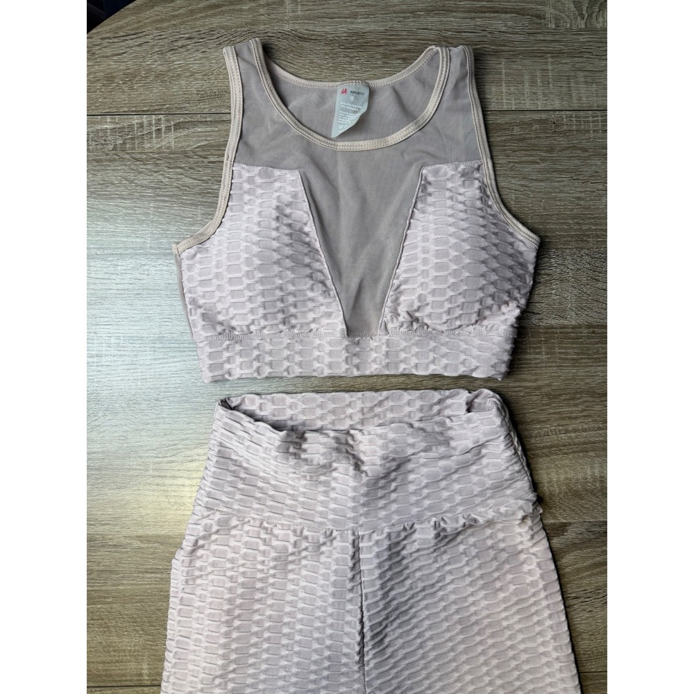 LA Society Pink Honeycomb Textured Scrunch Butt Leggings and Mesh Sports Bra Set
